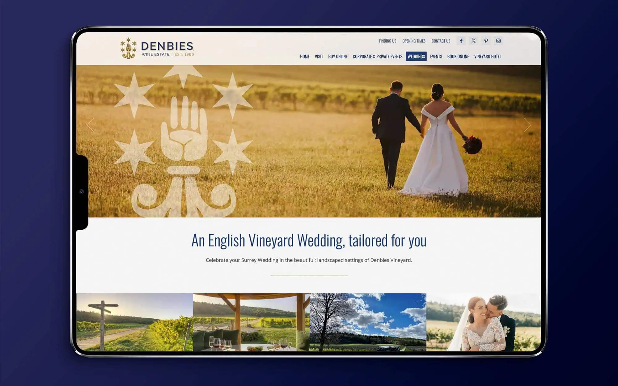 Denbies wedding website page shown on a tablet