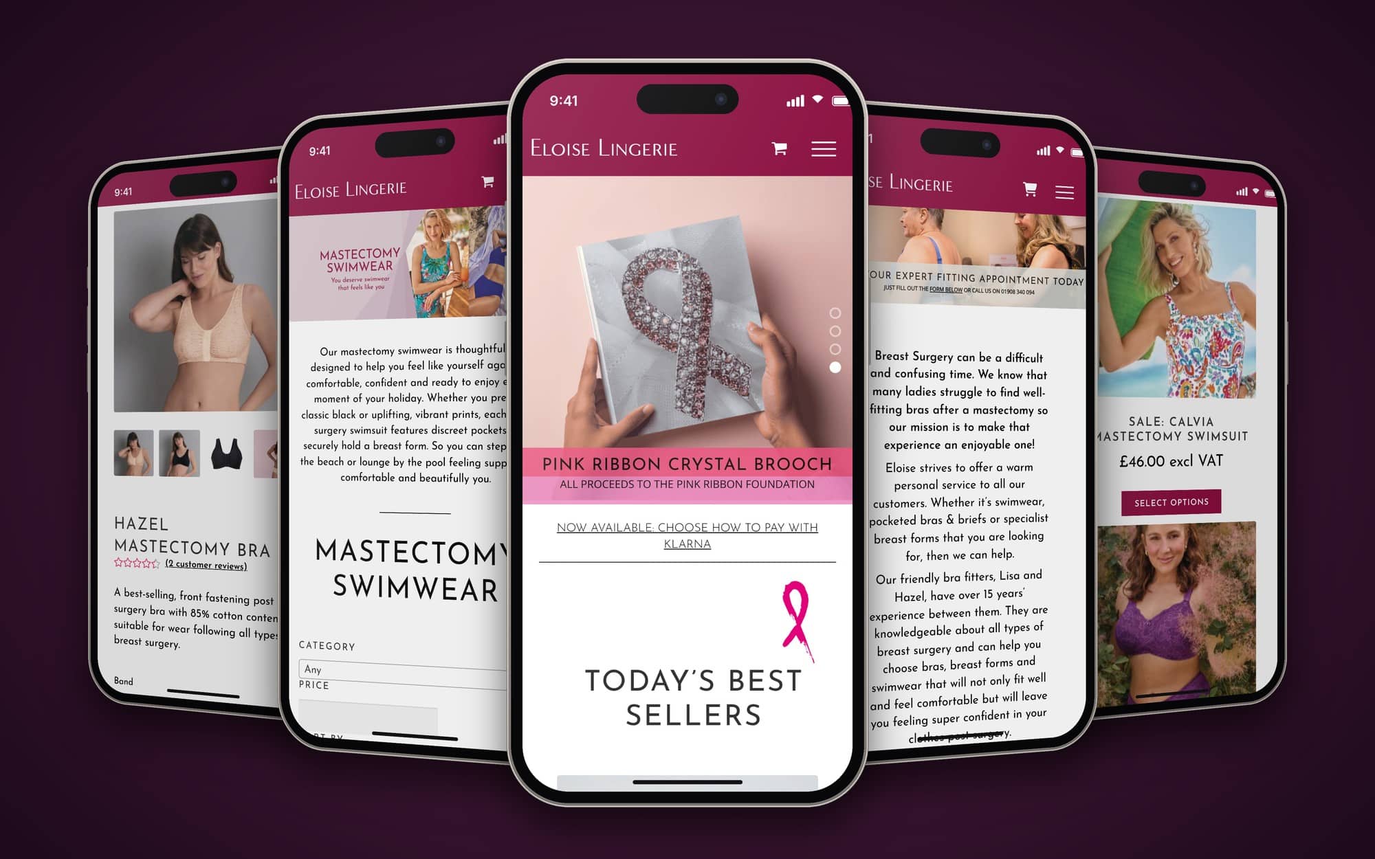 Five phones showing the Eloise mobile website: product page, swimwear category, homepage, fitting service and best sellers
