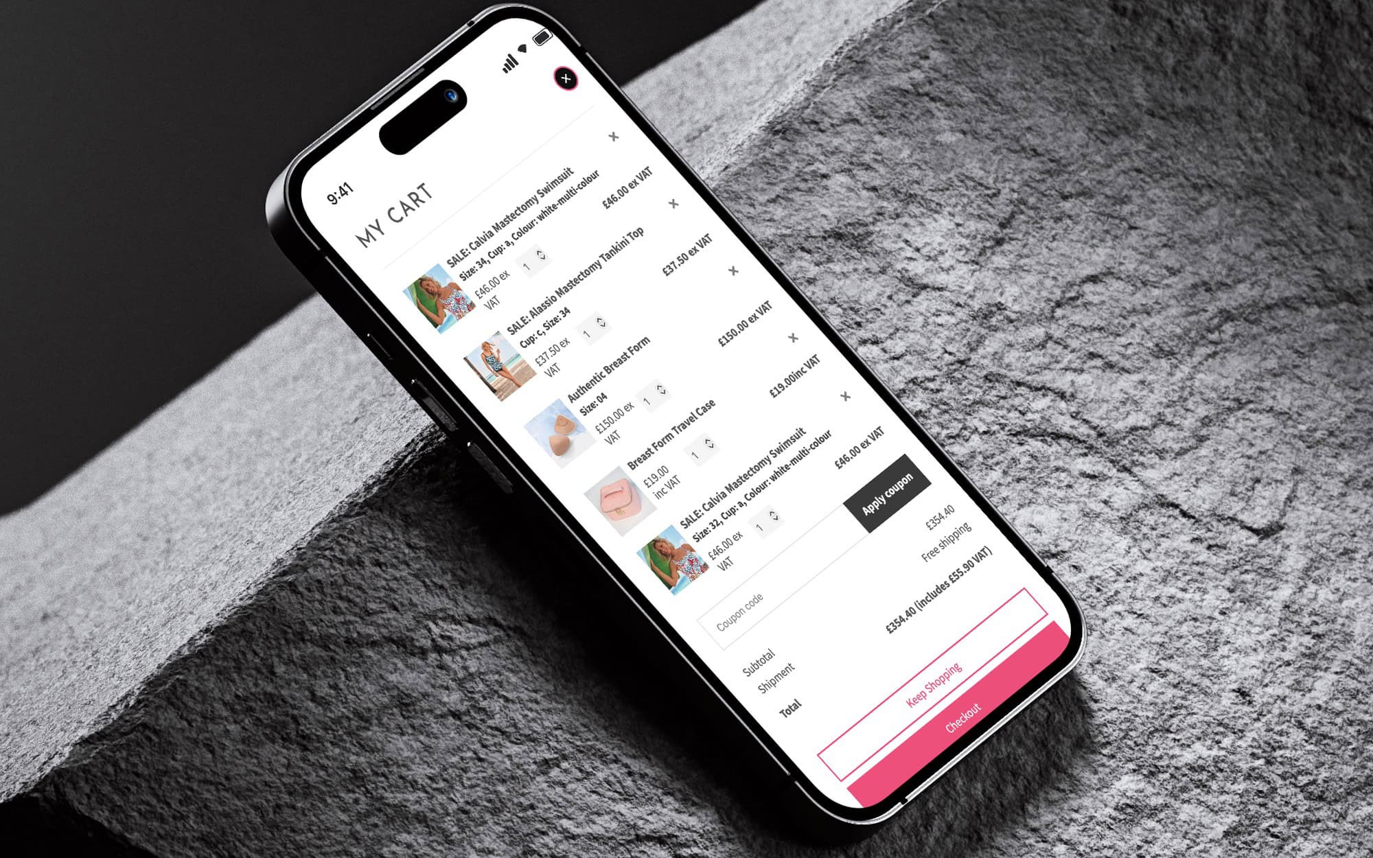iPhone showing the Eloise fast cart with items, totals and checkout button