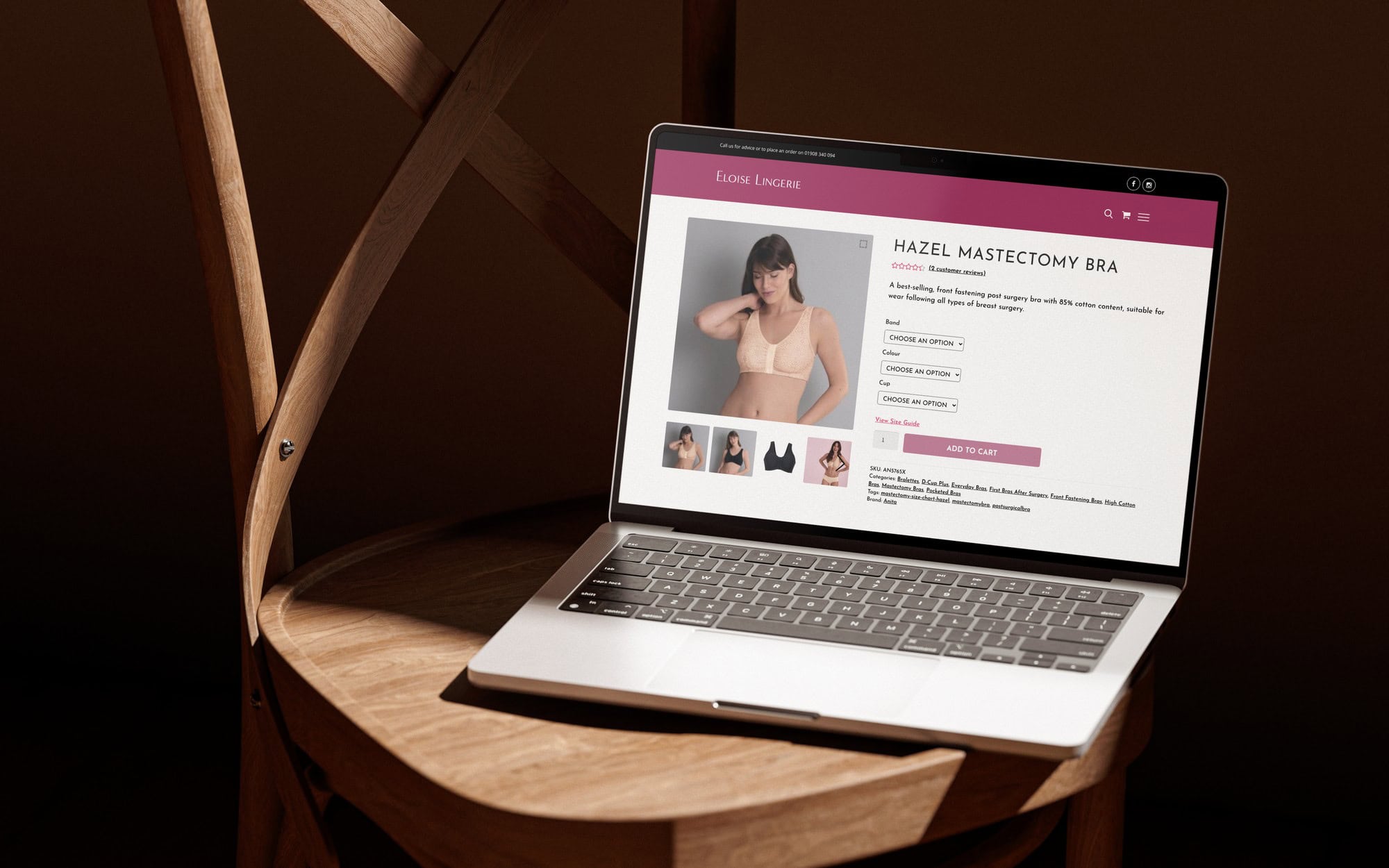 MacBook on a wooden chair showing the redesigned Eloise product page